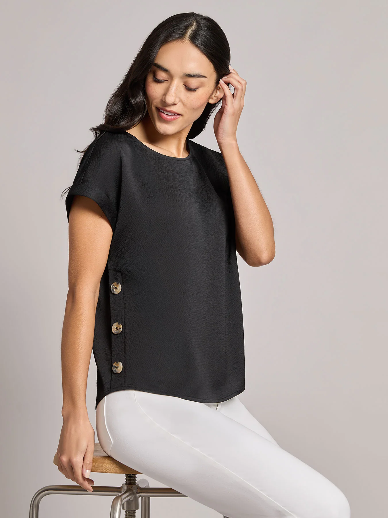 Button Detail Blouse, Hammered Satin - Image 4