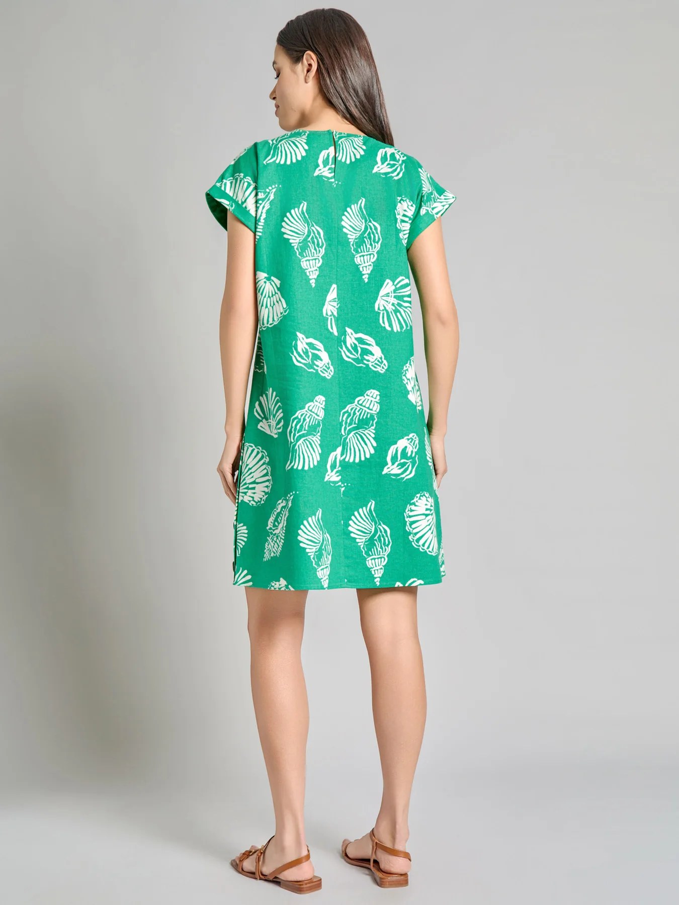 Plus Short Sleeve Side Button Swing Dress, Linen Blend - Image 4